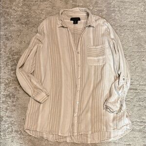 Tahari Women's Casual Beige Striped Button Down Shirt
